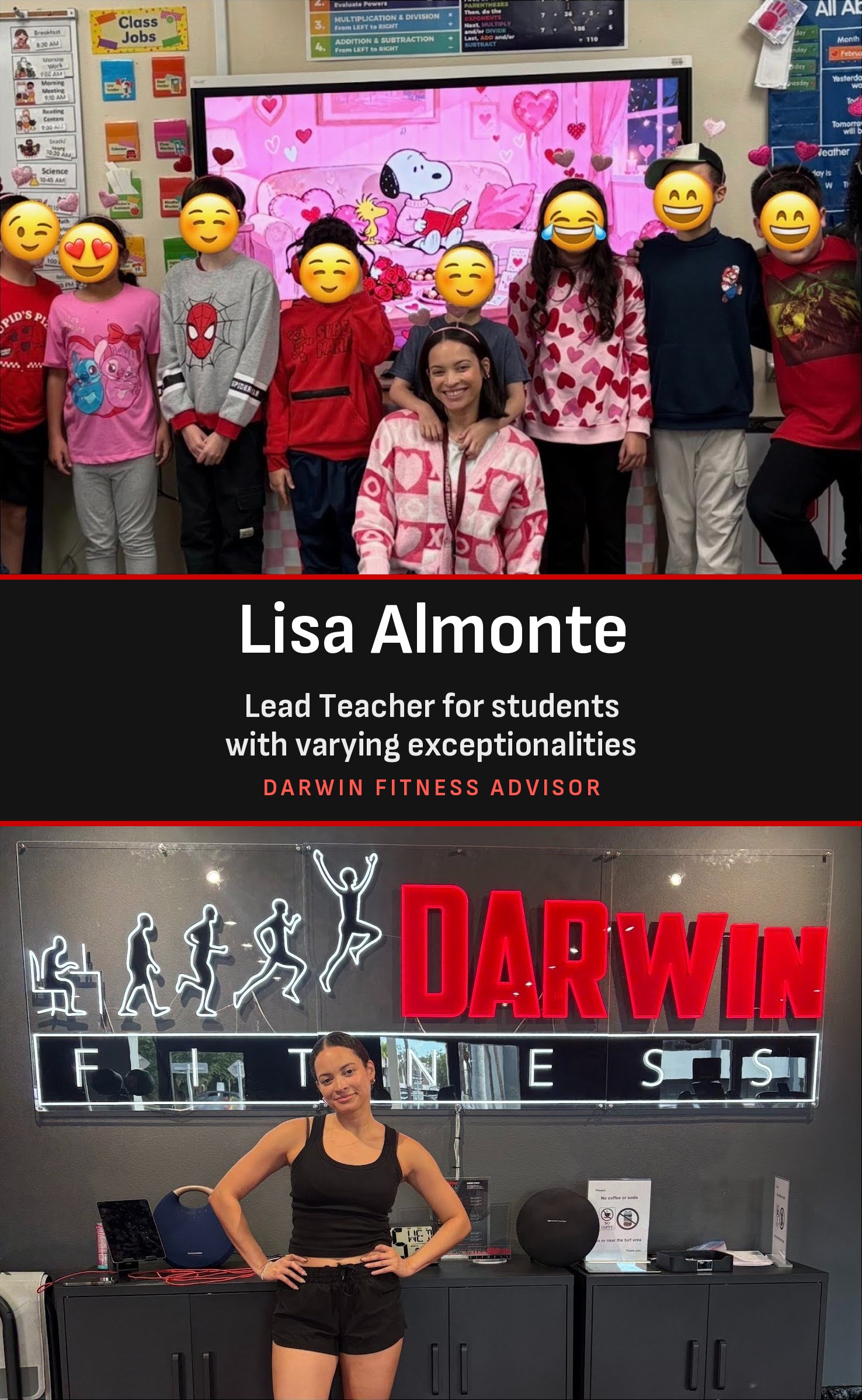 lisa almonte, lead teacher and darwin fitness advisor, in her classroom and at the gym